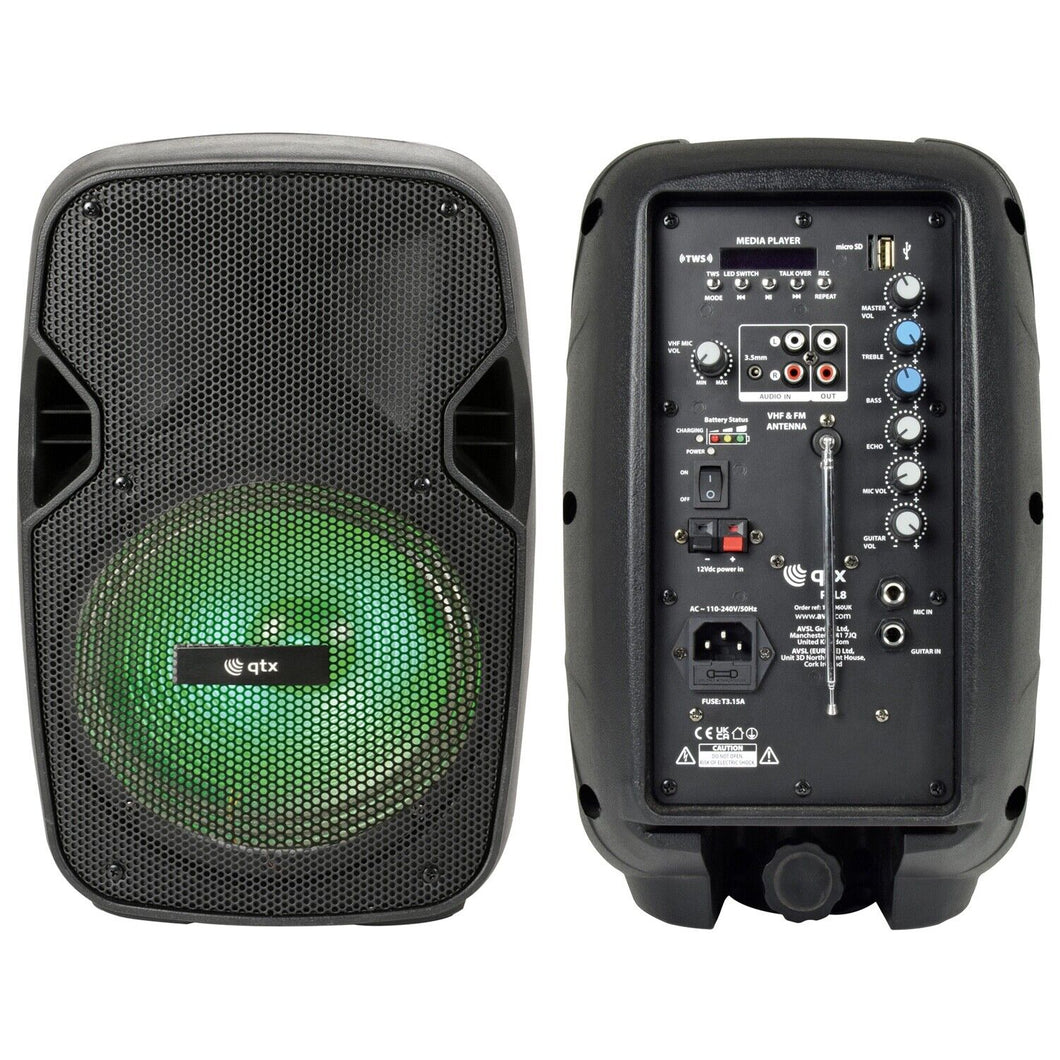 QTX PAL10 Portable PA Unit with TWS and LED Light Show Wireless Microphone Systm