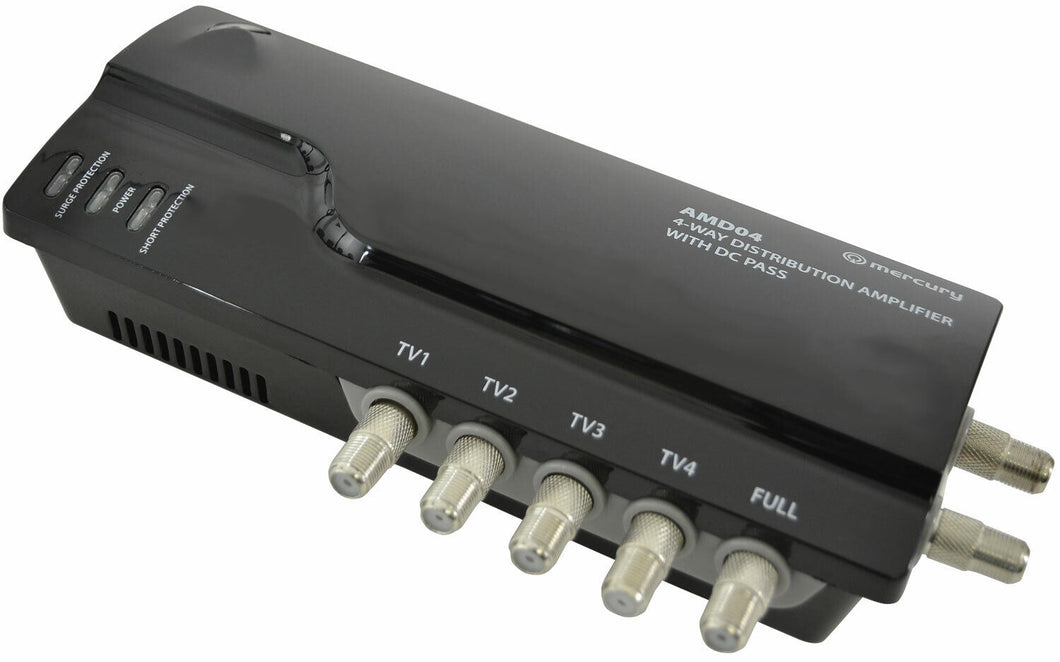 4 Way 4G Ready VHF UHF TV Distribution Powered Amplifier & DC By-Pass