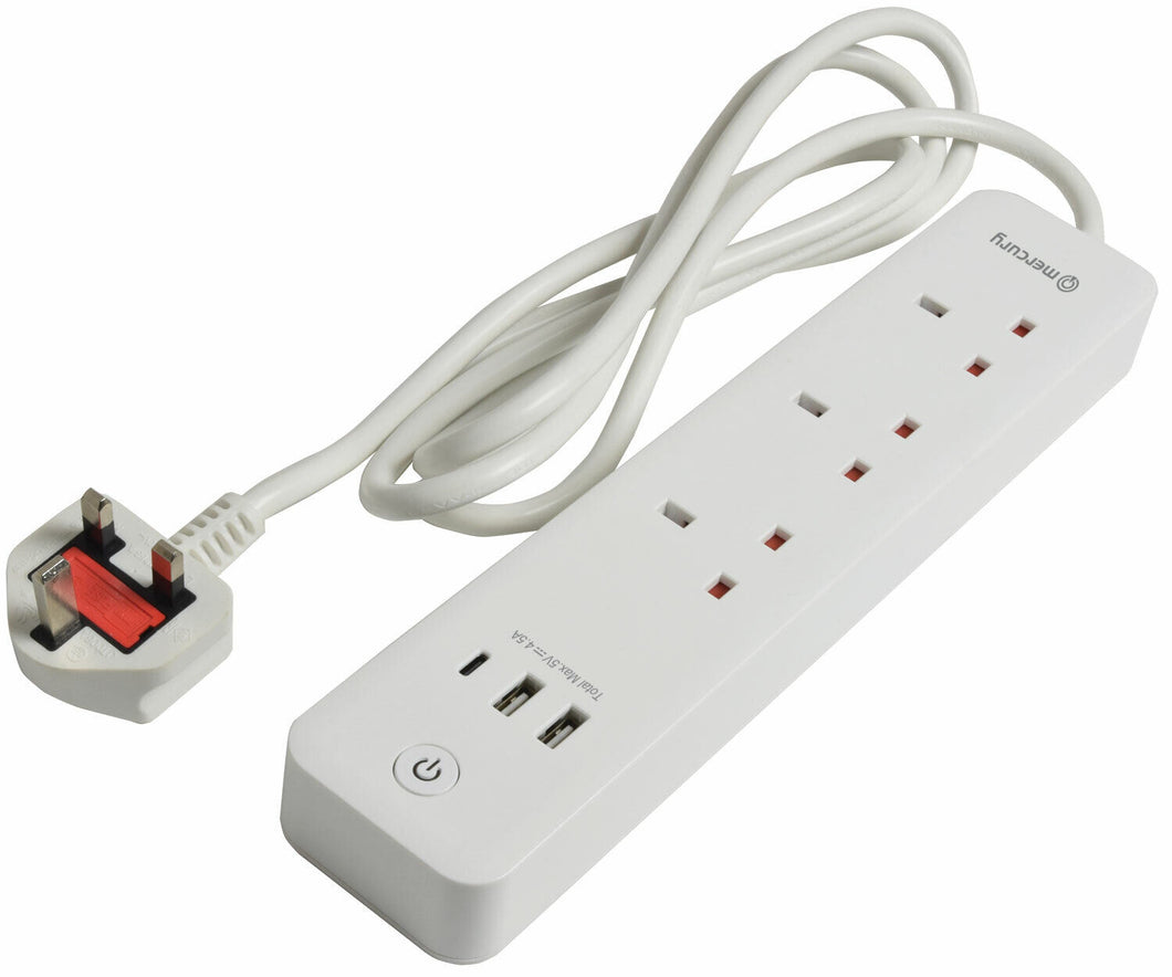 Mercury 3-Gang WiFi Smart Power Strip with USB and Surge Protection