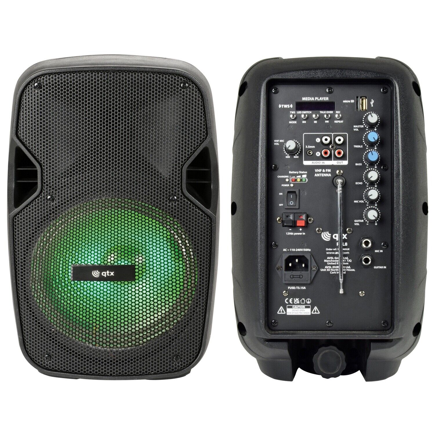 QTX PAL8 Portable PA Unit with TWS and LED Light Show Wireless